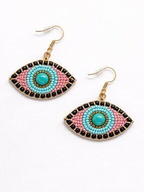 Handmade Turquoise & Pink Beaded Eye Drop Earrings